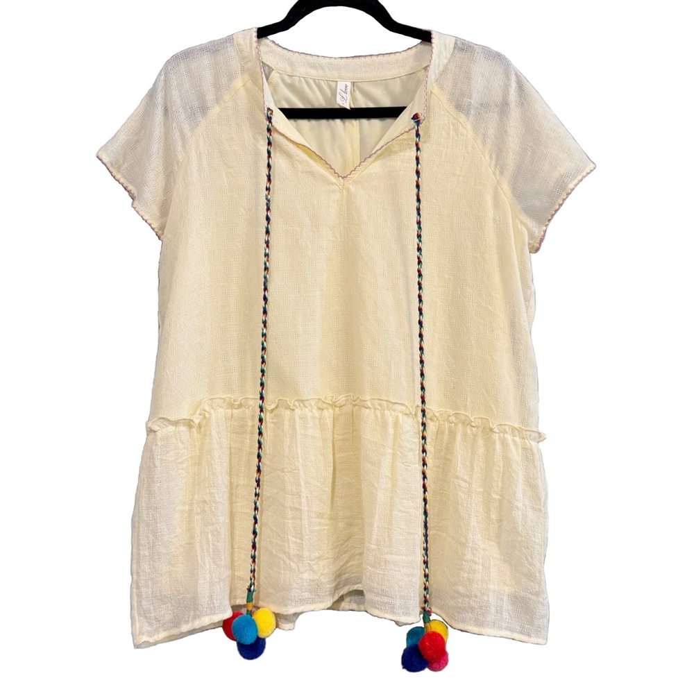 L Love Light Yellow Peplum Blouse with Vibrant Braided Pom Pom Tassels Size M